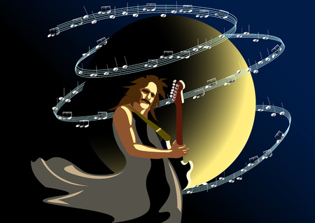 the moon on a dark background, a musician with a guitar, a whirlwind of notesのイラスト素材