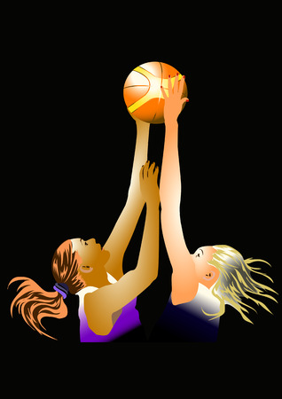 basketball, two women are fighting for the ball,waving dark hair, orange with yellow ballのイラスト素材