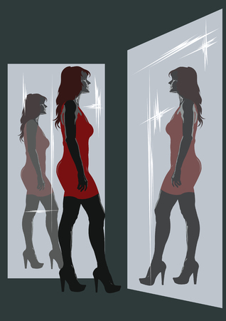 beautiful woman in a short red dress admires her reflection in the mirrorsのイラスト素材