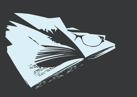 Open book, unfolded pages, glasses, on a dark backgroundのイラスト素材