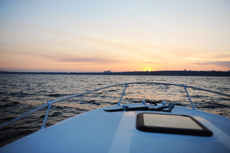 Summer sanset on the Volga river. Boat tripの写真素材