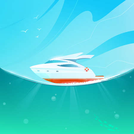Cartoon yacht against the sky and sea.のイラスト素材