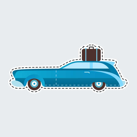 Vintage travel car in patch style. Clip art for sticker or pin.のイラスト素材