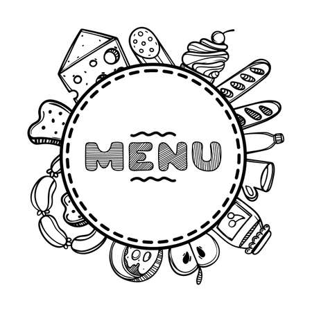 Hand drawn menu for cafe with food. Sketch concept illustration.のイラスト素材