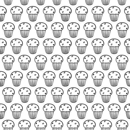 Cartoon cute cupcakes on white background. Simple seamless pattern. Linear coloring book.のイラスト素材