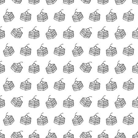 Cartoon cute cakes on white background. Simple seamless pattern. Linear coloring illustration.のイラスト素材