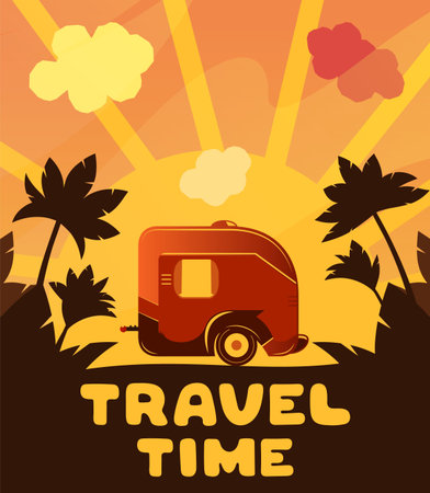 Camping trailer on orange sunset background with palm trees. Travel illustrationのイラスト素材