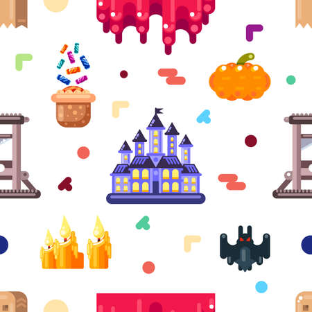 Halloween seamless pattern design with castle, bat, pumpkin and blood spills. Flat illustration.のイラスト素材