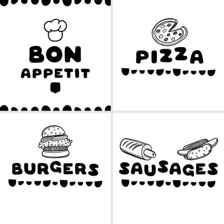 Set of 4 fast food cover for cafe. Sketch concept illustration. Food flyer.のイラスト素材