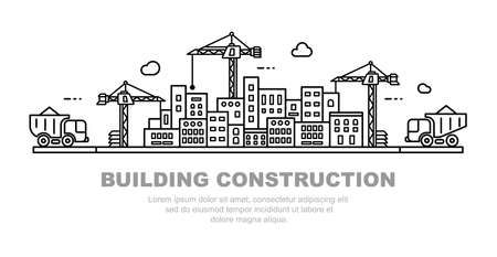 City building concept. Urban horizon with cranes and dump trucks. Line art illustration.のイラスト素材