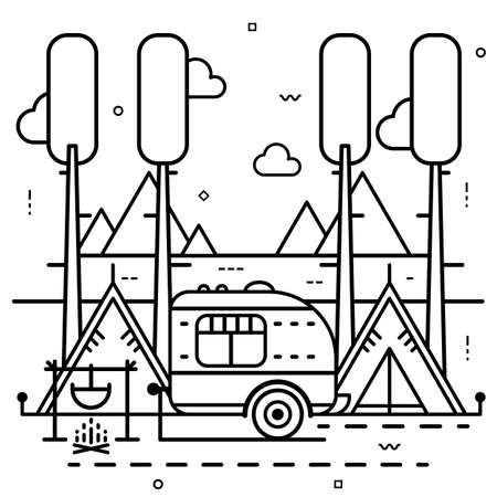 Camping trailer with tent and bonfire on nature background. Vector line art illustration.のイラスト素材