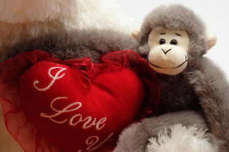 Stuffed monkey arms around bear heartの写真素材