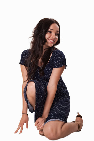 Young caucasian woman wearing blue casual dressの写真素材