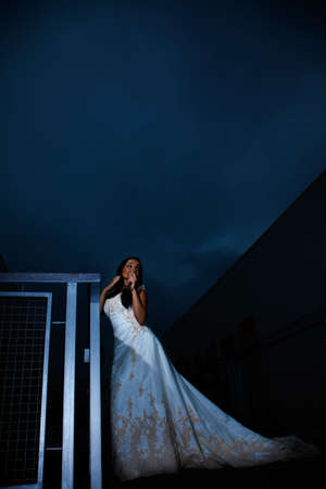 Attractive twenties russian caucasian brunette woman wearing wedding gownの写真素材