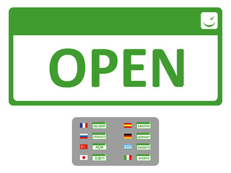 Open Sign in different languages french, german, turkey, greek, japanish, russian, spain のイラスト素材
