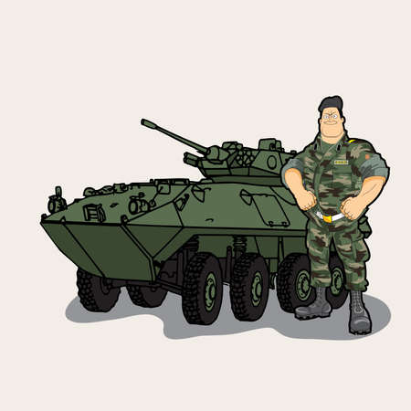 A cartoon military soldier with a tankのイラスト素材