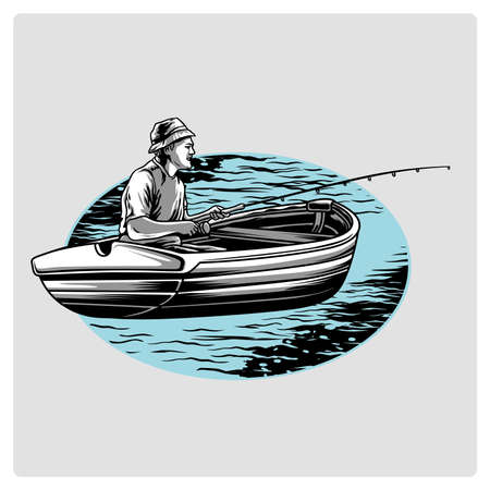 Fishing on the boat. Vector illustration.のイラスト素材