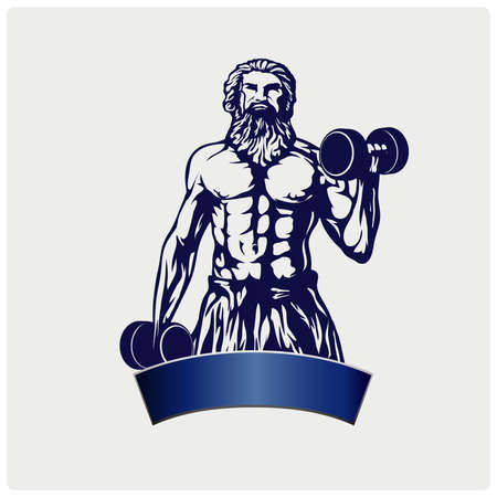 Illustration muscular man with dumbbells in his hands. Logo and mascotのイラスト素材