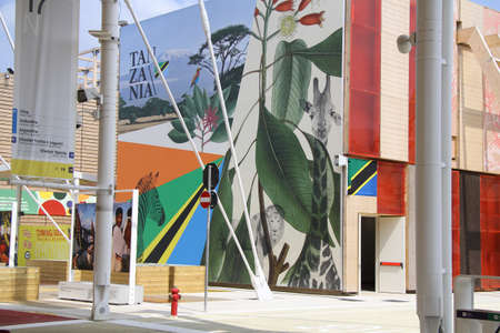 An external view of the Tanzanian pavilion on the main avenue at Expo 2015 in Milanのeditorial素材