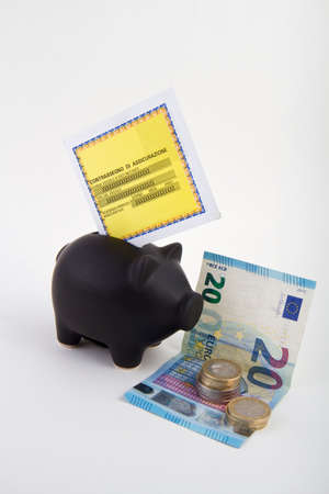 Car insurace form into a piggy-bank with moneyの写真素材