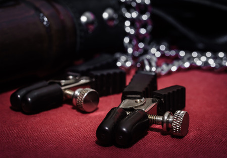 bdsm accessory nipple clasp with metal chain on a red background close-upの写真素材