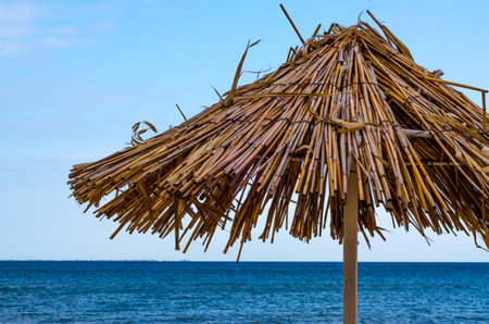 straw damaged beach umbrella closeup on a clear dayの写真素材