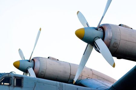 propeller engine of an old vintage airplane on a white background isolated closeupの写真素材