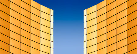 architectural abstract pattern fragment of a wall of a yellow modern building on a blue background