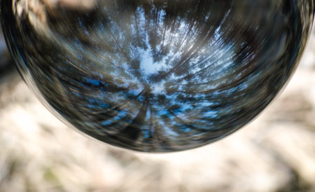 glass ball with reflection of trees and sky close up