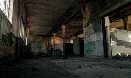 hall of an abandoned factory after the bombing in Ukraine without people