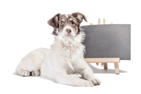 white and brown dog lies near empty chalk board on white backgroundの写真素材