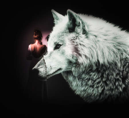 one young girl and a big wolf in the darkの写真素材