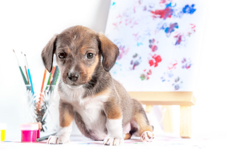mongrel puppy with brushes, paints and easel with a picture on light backgroundの写真素材