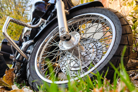 wheel of classic chopper motorcycle in autumn landscape close up