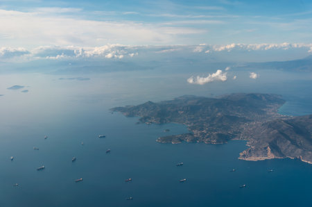panorama view from the plane window to Greece Athens and the Aegean Seaの写真素材