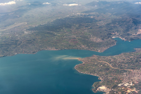 panorama view from the plane window to Greece Athens and the Aegean Sea