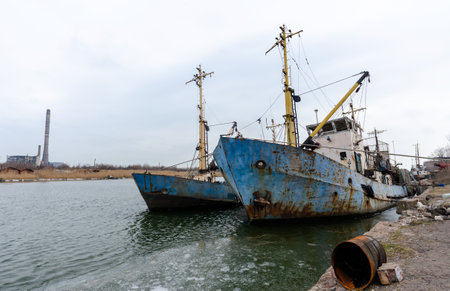 old ship without people ran ground in Ukraine during the war with Russiaの写真素材