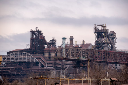 destroyed buildings of the workshop of the Azovstal plant in Mariupol war in Ukraine with Russiaの写真素材