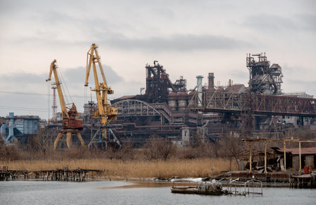 destroyed buildings of the workshop of the Azovstal plant in Mariupol war in Ukraine with Russiaの写真素材