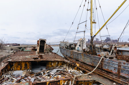 old ship without people ran ground in Ukraine during the war with Russiaの写真素材