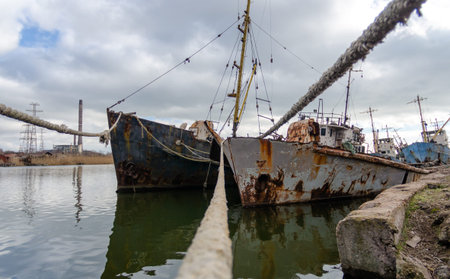 old ship without people ran ground in Ukraine during the war with Russiaの写真素材