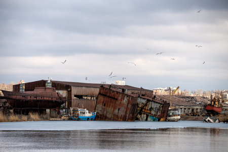 old ship without people ran ground in Ukraine during the war with Russiaの写真素材