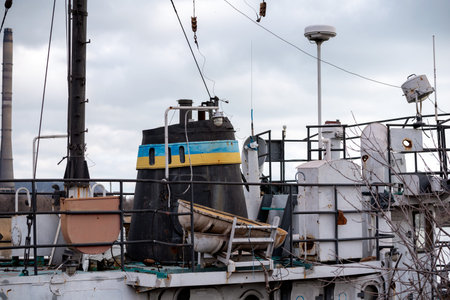 old ship without people ran ground in Ukraine during the war with Russiaの写真素材