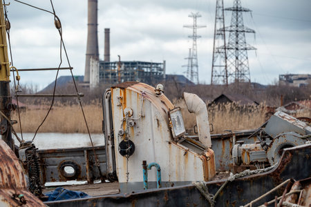 old ship without people ran ground in Ukraine during the war with Russiaの写真素材