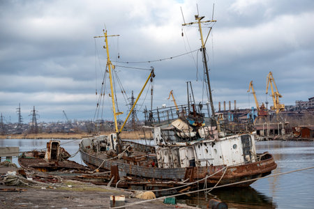 old ship without people ran ground in Ukraine during the war with Russiaの写真素材