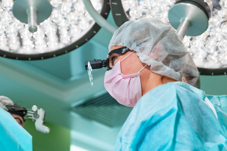 female surgeon doctor or intern wearing protective mask and hat.の写真素材