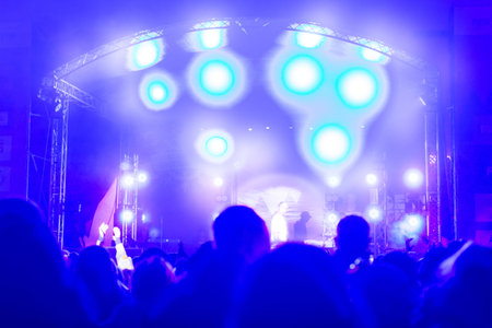 Silhouettes of concert crowd in front of bright stage lights