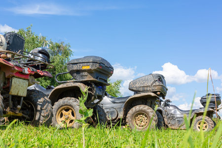 a large group of ATVs stand in the background against the blue sky on a summer sunny day.