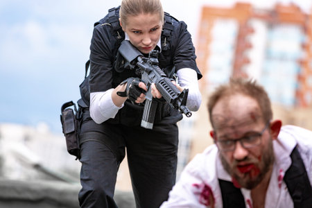 Woman soldier, spy agent killer or police woman with a gun in her hand holding at gunpoint a man...