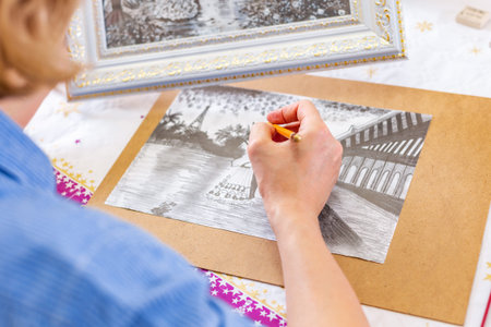 Architect drawing blueprints. Architectural engineering concept
